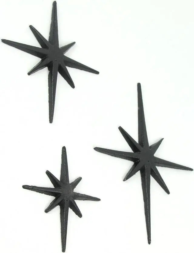 Alt view image 3 of 4 - Set of Three Black Cast Iron 8 Pointed Wall Hangings Mid Century Modern Stars MCM Decor Accents - Easy Install - Ideal for Vintage, Beach, or Nautical Themes