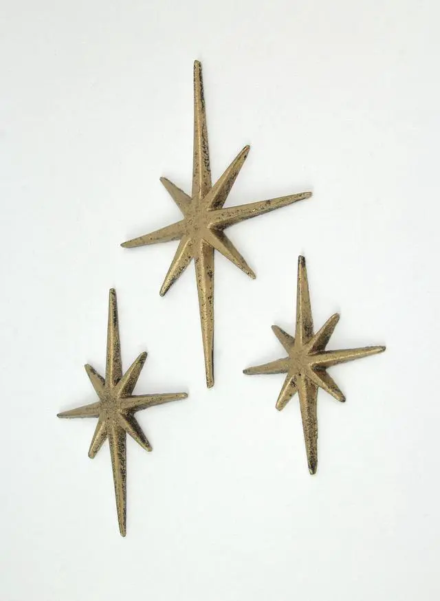 Alt view image 2 of 5 - Set of 3 Gold Finish Cast Iron 8-Pointed Atomic Starburst Wall Hangings - Mid-Century Modern Elegance - Easy Install - Perfect for Vintage and Eclectic Decor