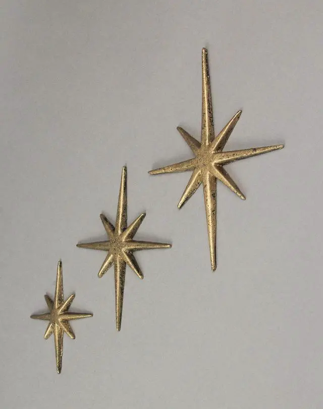 Alt view image 3 of 5 - Set of 3 Gold Finish Cast Iron 8-Pointed Atomic Starburst Wall Hangings - Mid-Century Modern Elegance - Easy Install - Perfect for Vintage and Eclectic Decor