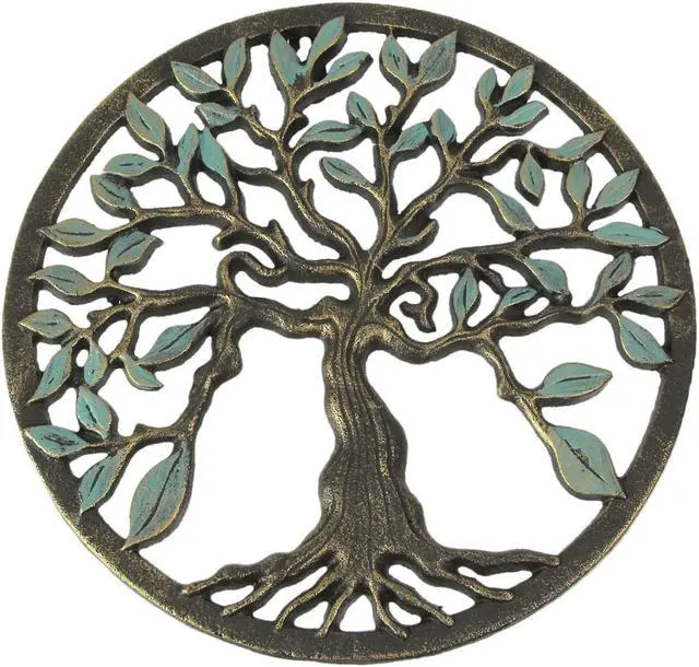 Main image of Bronze and Green Finish Cast Iron Tree Of Life Wall Décor Sculpture 11.75 Inch Diameter - Elegant Nature Themed Decorative Plaque - Easy Install
