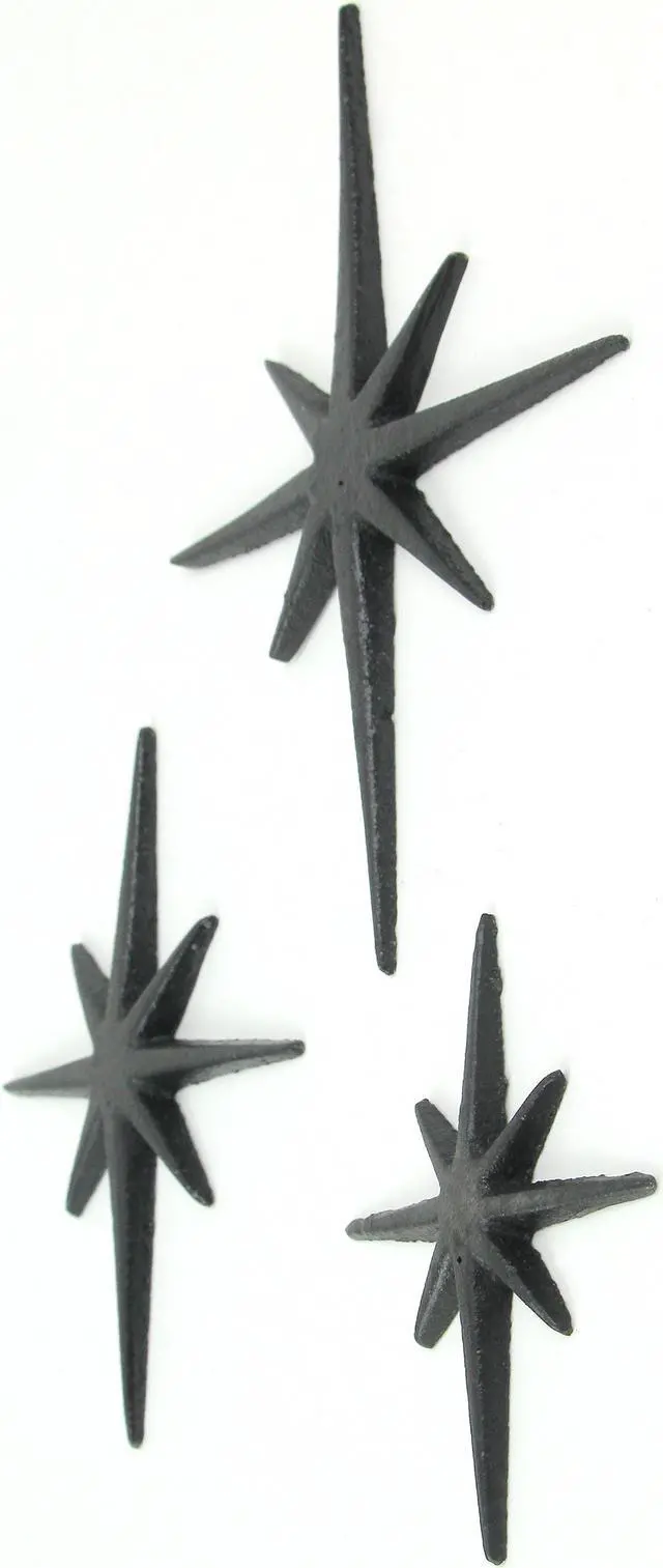 Alt view image 2 of 4 - Set of Three Black Cast Iron 8 Pointed Wall Hangings Mid Century Modern Stars MCM Decor Accents - Easy Install - Ideal for Vintage, Beach, or Nautical Themes