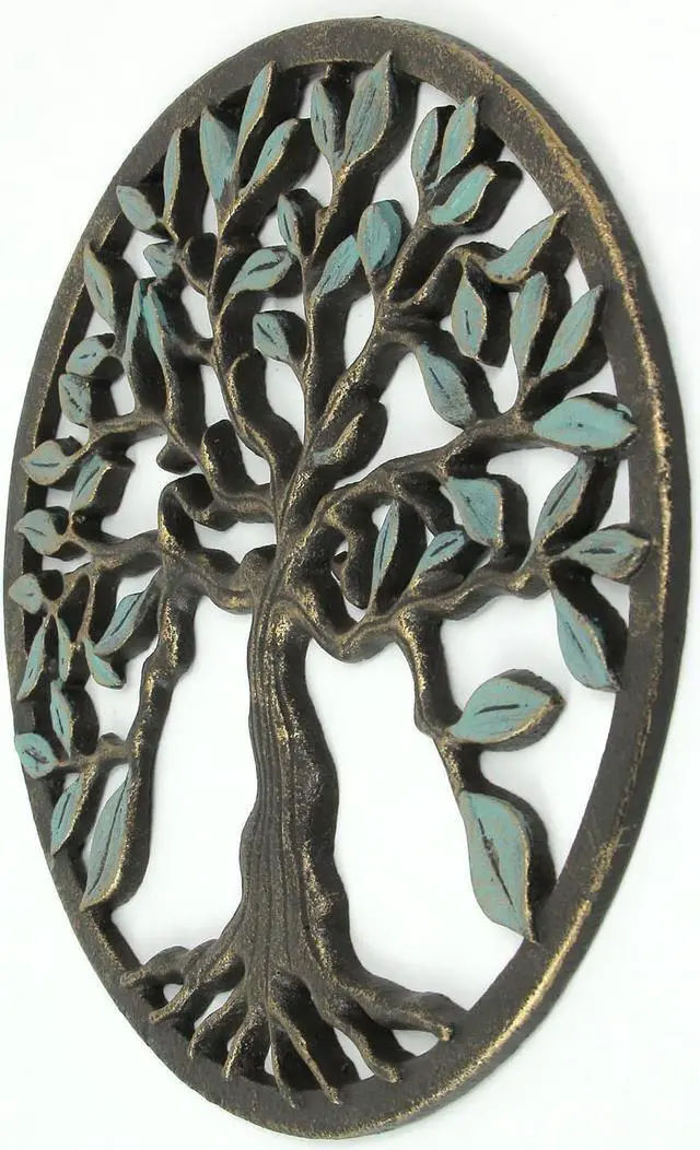Alt view image 2 of 5 - Bronze and Green Finish Cast Iron Tree Of Life Wall Décor Sculpture 11.75 Inch Diameter - Elegant Nature Themed Decorative Plaque - Easy Install