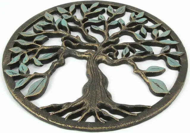 Alt view image 3 of 5 - Bronze and Green Finish Cast Iron Tree Of Life Wall Décor Sculpture 11.75 Inch Diameter - Elegant Nature Themed Decorative Plaque - Easy Install