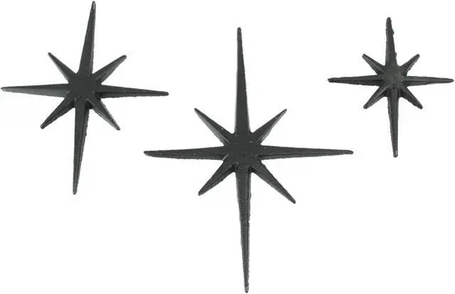 Main image of Set of Three Black Cast Iron 8 Pointed Wall Hangings Mid Century Modern Stars MCM Decor Accents - Easy Install - Ideal for Vintage, Beach, or Nautical Themes