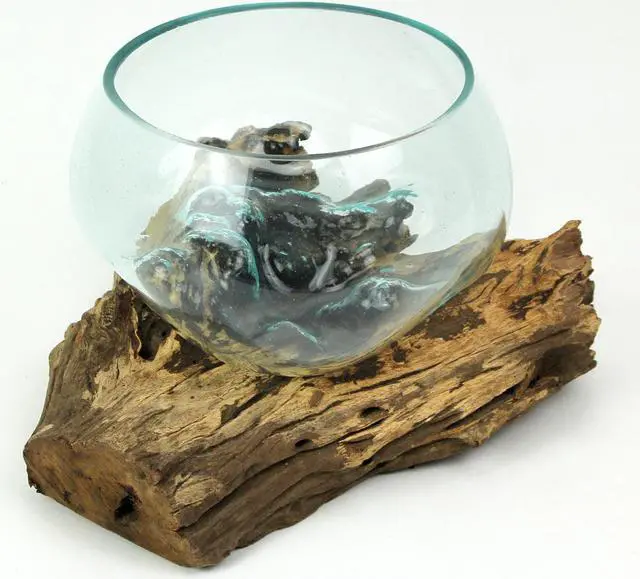 Alt view image 2 of 5 - Handmade Melted Glass Bowl on Teak Driftwood Base, 89" Opening, 68" Tall Centerpiece  Boho Terrarium, Succulent Planter, Eco-Friendly Recycled Glass, Unique Tabletop Home Decor Accent