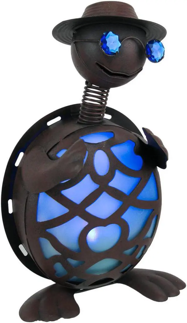 Main image of Rustic Metal Turtle in Hat and Sunglasses Solar Powered LED Light Garden Statue Outdoor Décor