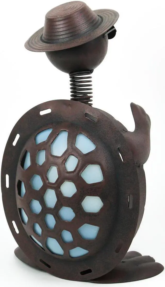 Alt view image 4 of 4 - Rustic Metal Turtle in Hat and Sunglasses Solar Powered LED Light Garden Statue Outdoor Décor