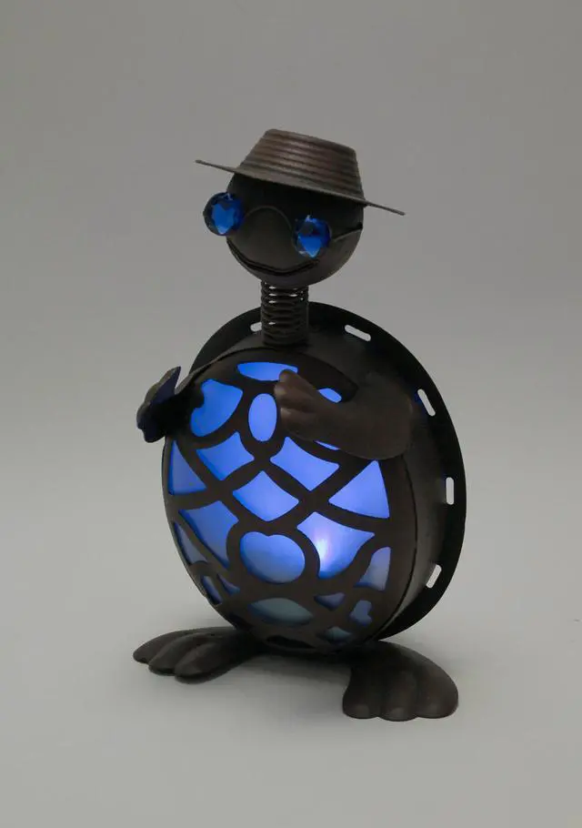Alt view image 2 of 4 - Rustic Metal Turtle in Hat and Sunglasses Solar Powered LED Light Garden Statue Outdoor Décor