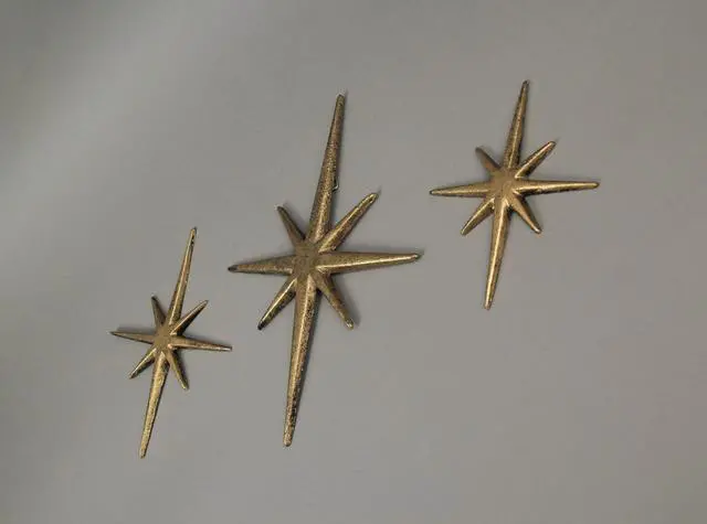 Alt view image 2 of 6 - Radiant Trio of Large Metallic Gold Cast Iron Starburst Wall Hangings - Timeless Mid Century Modern Décor - 8 Pointed Stars - Elegantly Transform Your Space