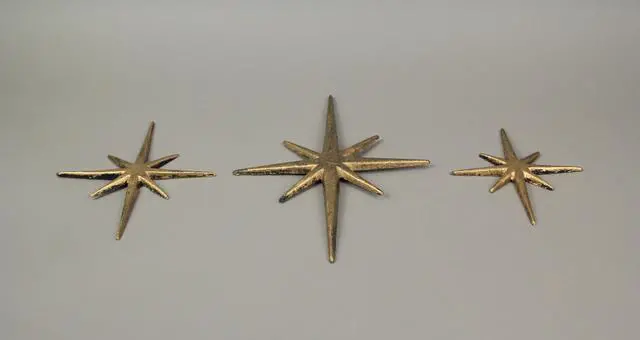 Alt view image 3 of 6 - Radiant Trio of Large Metallic Gold Cast Iron Starburst Wall Hangings - Timeless Mid Century Modern Décor - 8 Pointed Stars - Elegantly Transform Your Space