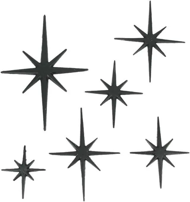 Main image of Enchanting Set of 6 Black Cast Iron Starburst Wall Hangings - Mid Century Modern Decor with Elegant 8 Pointed Stars - Great for Bedrooms and Living Rooms
