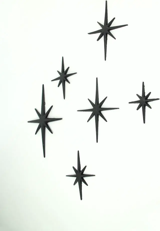 Alt view image 2 of 4 - Enchanting Set of 6 Black Cast Iron Starburst Wall Hangings - Mid Century Modern Decor with Elegant 8 Pointed Stars - Great for Bedrooms and Living Rooms
