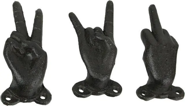 Main image of Set of 3 Cast Iron Hand Gesture Decorative Wall Hooks Key Towel Hanger Decor