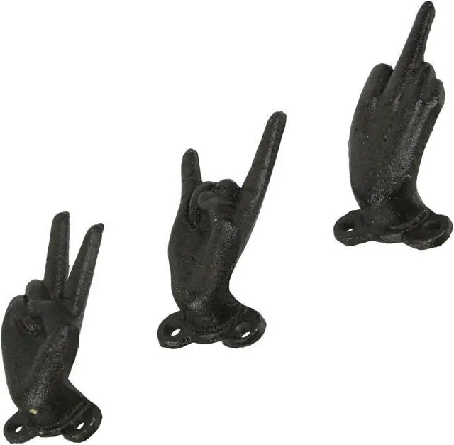 Alt view image 2 of 5 - Set of 3 Cast Iron Hand Gesture Decorative Wall Hooks Key Towel Hanger Decor