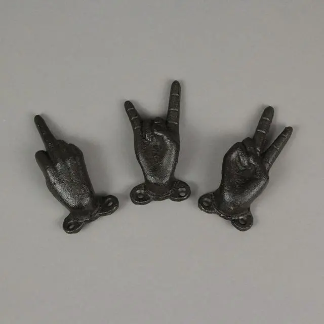 Alt view image 4 of 5 - Set of 3 Cast Iron Hand Gesture Decorative Wall Hooks Key Towel Hanger Decor