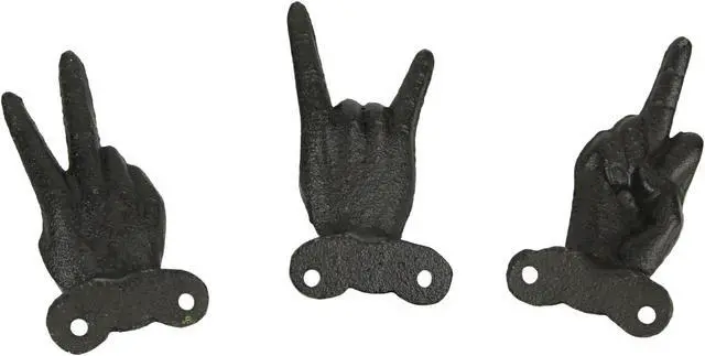 Alt view image 3 of 5 - Set of 3 Cast Iron Hand Gesture Decorative Wall Hooks Key Towel Hanger Decor