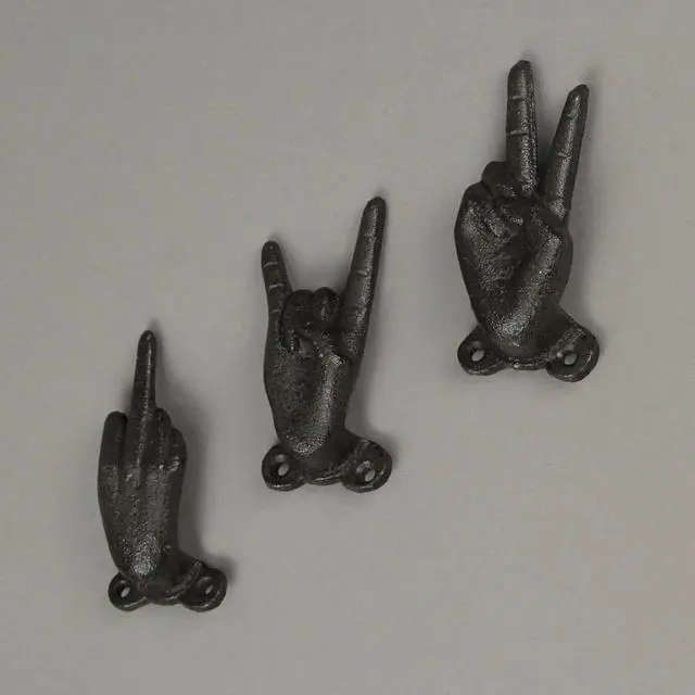 Alt view image 5 of 5 - Set of 3 Cast Iron Hand Gesture Decorative Wall Hooks Key Towel Hanger Decor