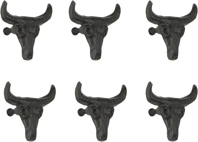 Main image of Set of 6 Rustic Brown Cast Iron Steer Skull Drawer Pulls - Western Home Decor Cabinet Knobs - 2 Inches High - Easy Install - Great For Dressers and Cupboards