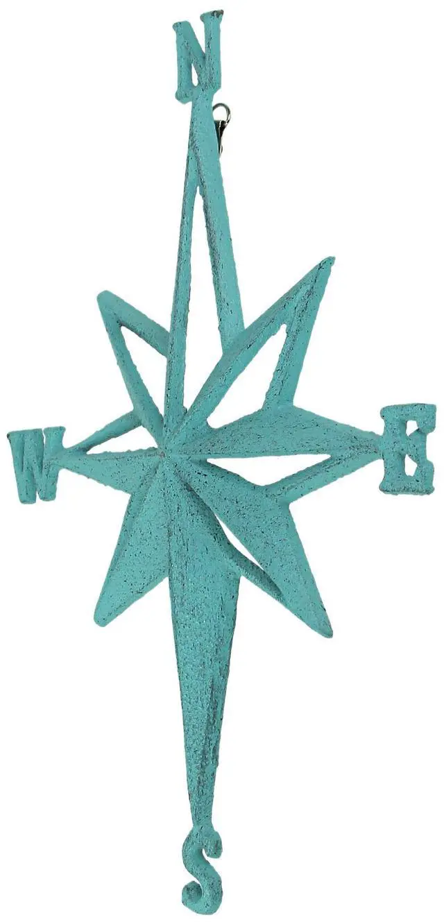 Alt view image 2 of 5 - Turquoise Blue Cast Iron Compass Rose Wall Hanging Sculpture - Coastal Home Decor Art Piece - 13.5 Inches High Nautical Elegance for Indoor or Outdoor Spaces