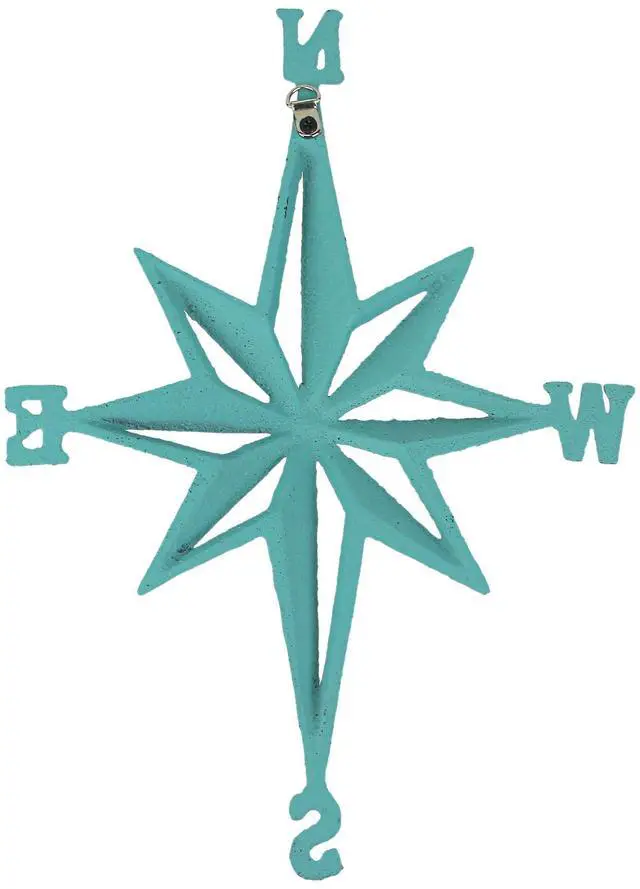 Alt view image 3 of 5 - Turquoise Blue Cast Iron Compass Rose Wall Hanging Sculpture - Coastal Home Decor Art Piece - 13.5 Inches High Nautical Elegance for Indoor or Outdoor Spaces
