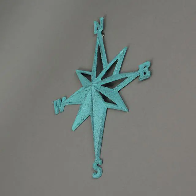 Alt view image 5 of 5 - Turquoise Blue Cast Iron Compass Rose Wall Hanging Sculpture - Coastal Home Decor Art Piece - 13.5 Inches High Nautical Elegance for Indoor or Outdoor Spaces