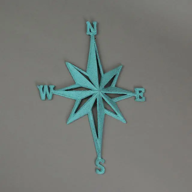 Alt view image 4 of 5 - Turquoise Blue Cast Iron Compass Rose Wall Hanging Sculpture - Coastal Home Decor Art Piece - 13.5 Inches High Nautical Elegance for Indoor or Outdoor Spaces