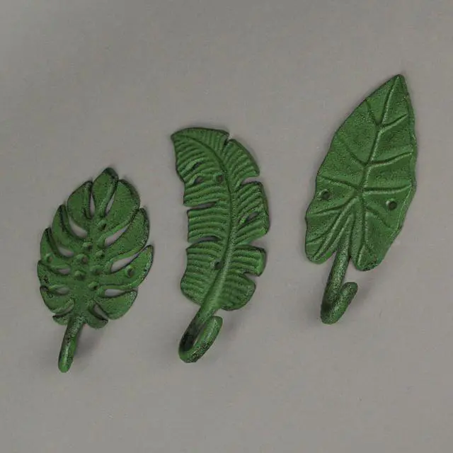 Alt view image 4 of 5 - Set of 3 Cast Iron Green Tropical Leaf Decorative Wall Hooks Towel Hanger Rack