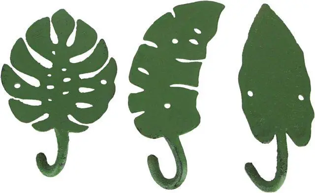 Alt view image 3 of 5 - Set of 3 Cast Iron Green Tropical Leaf Decorative Wall Hooks Towel Hanger Rack