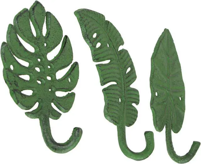 Alt view image 2 of 5 - Set of 3 Cast Iron Green Tropical Leaf Decorative Wall Hooks Towel Hanger Rack