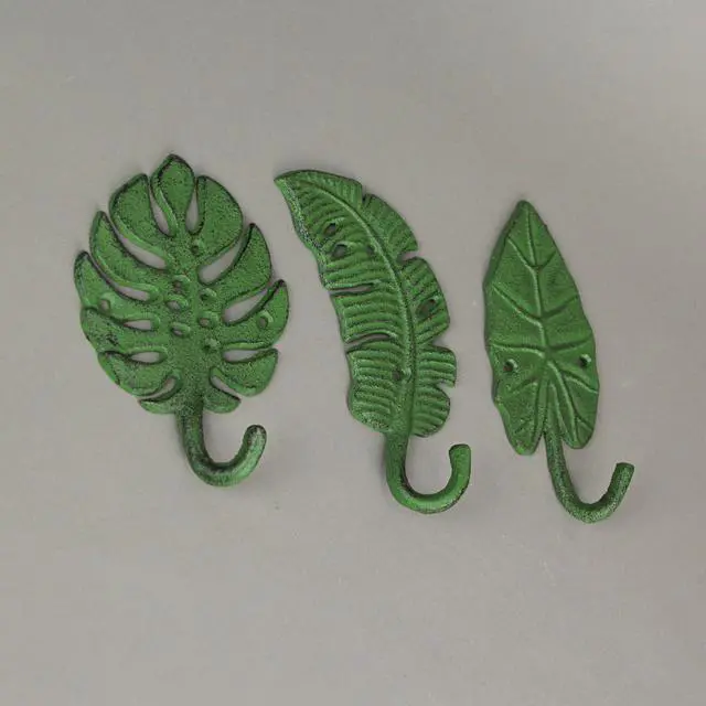 Alt view image 5 of 5 - Set of 3 Cast Iron Green Tropical Leaf Decorative Wall Hooks Towel Hanger Rack