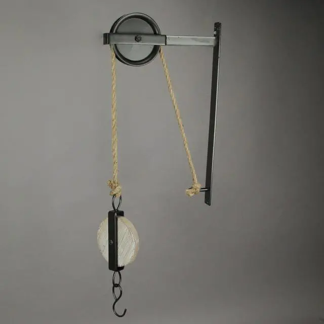 Alt view image 4 of 5 - Rustic Vintage Charm - Matte Brown Metal and Wood Pulley & Hook Wall-Mounted Plant Hanger - 30 Inches High - Antique-Inspired Decor for Western Ambiance