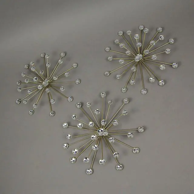 Alt view image 3 of 4 - Set of 3 Gold Finish Starburst Jeweled Metal Decorative Wall Sculptures: Glamorous Rhinestone and Crystal Accents Add Elegance, Transform Your Home into a Stylish Haven