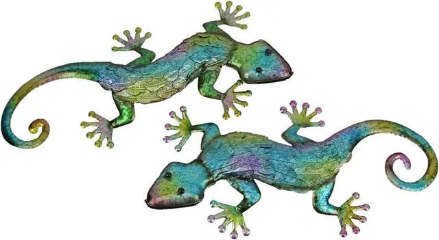 Main image of Pair of Vibrant 19.25-Inch Long Multicolor Stamped Metal Gecko Lizard Wall Décor Sculptures - For Indoor/Outdoor Artistry and Dynamic Tropical Ambiance