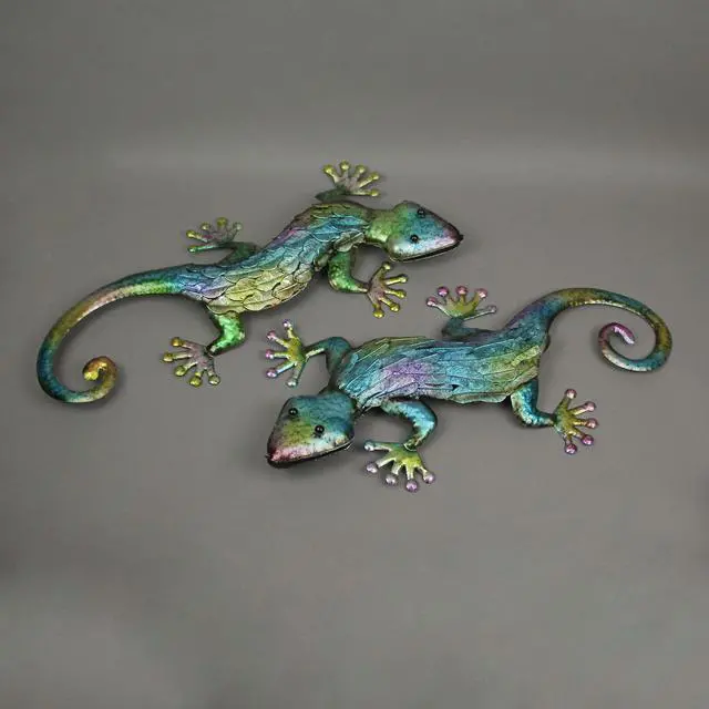 Alt view image 2 of 4 - Pair of Vibrant 19.25-Inch Long Multicolor Stamped Metal Gecko Lizard Wall Décor Sculptures - For Indoor/Outdoor Artistry and Dynamic Tropical Ambiance