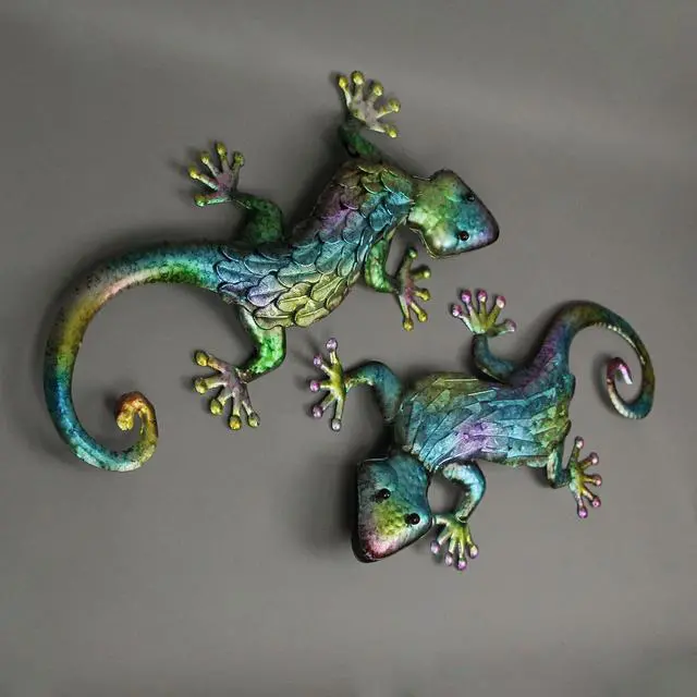 Alt view image 3 of 4 - Pair of Vibrant 19.25-Inch Long Multicolor Stamped Metal Gecko Lizard Wall Décor Sculptures - For Indoor/Outdoor Artistry and Dynamic Tropical Ambiance