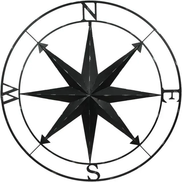 Main image of Large Black Nautical Compass Rose Metal Wall Decor | 39.5 Indoor Outdoor Rustic Maritime Accent | Distressed Finish, Coastal Theme, Easy to Hang