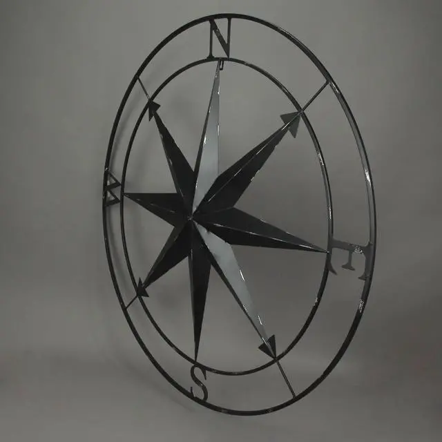 Alt view image 2 of 8 - Large Black Nautical Compass Rose Metal Wall Decor | 39.5 Indoor Outdoor Rustic Maritime Accent | Distressed Finish, Coastal Theme, Easy to Hang