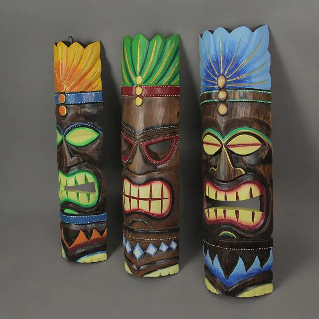 Alt view image 2 of 3 - Set of 3 Brightly Painted Hand Carved Elemental Tiki Style Wall Masks 20 Inches