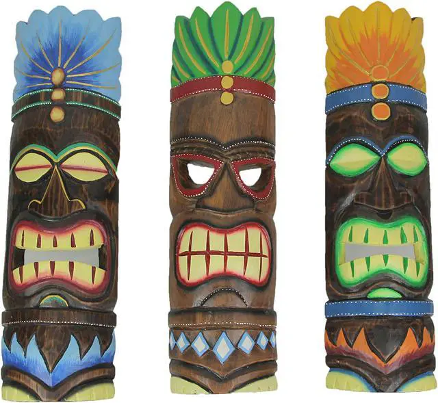 Main image of Set of 3 Brightly Painted Hand Carved Elemental Tiki Style Wall Masks 20 Inches