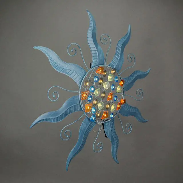 Alt view image 3 of 4 - 28 Inch Blue Metal Sun LED Light Wall Sculpture Decorative Rustic Home Decor Art