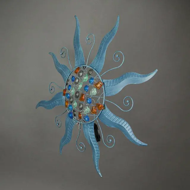 Alt view image 2 of 4 - 28 Inch Blue Metal Sun LED Light Wall Sculpture Decorative Rustic Home Decor Art