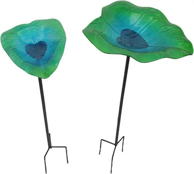Main image of Set of 2 Green and Blue Glass Tropical Leaf Bird Bath Garden Stakes for Outdoor Home Yard Decor, Standing at 25 Inches High - Enhance Your Garden Oasis