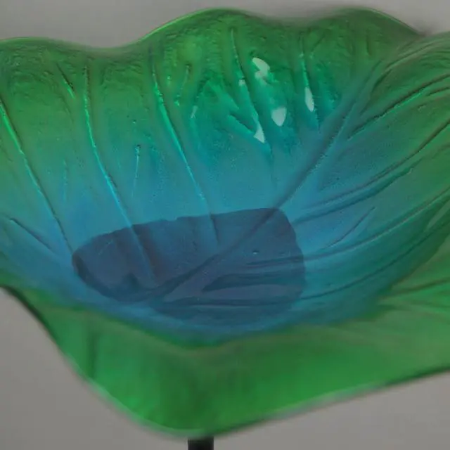 Alt view image 3 of 3 - Set of 2 Green and Blue Glass Tropical Leaf Bird Bath Garden Stakes for Outdoor Home Yard Decor, Standing at 25 Inches High - Enhance Your Garden Oasis