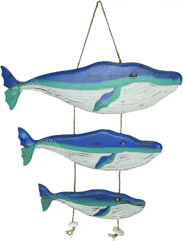 Main image of Wood Blue Humpback Whale Family Wall Hanging Sculpture Nautical Home Decor Art