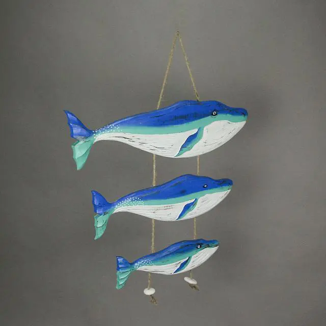 Alt view image 2 of 3 - Wood Blue Humpback Whale Family Wall Hanging Sculpture Nautical Home Decor Art