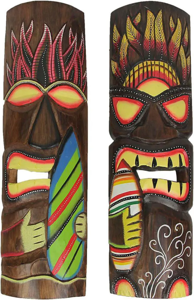 Main image of Elemental Fire and Wind Hand Crafted Wooden Surfer Tiki Wall Masks 20 Inch Set of 2