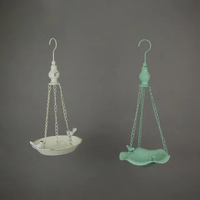 Alt view image 2 of 3 - White and Green Metal Hanging Bird Feeder Outdoor Decorative Seed Tray Garden Decor