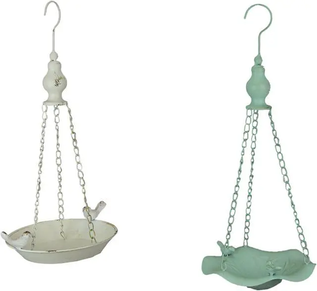Main image of White and Green Metal Hanging Bird Feeder Outdoor Decorative Seed Tray Garden Decor