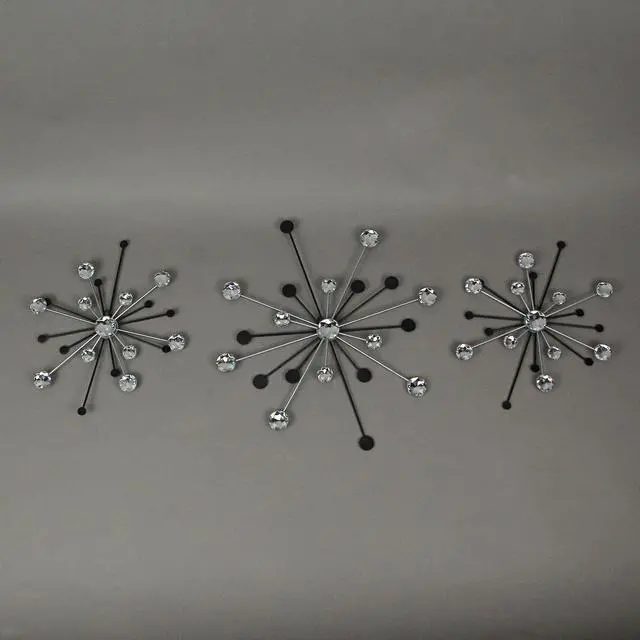 Alt view image 2 of 6 - 3-piece Mid-Century Modern Style Black and Silver Metal Jeweled Atomic Starburst Wall Décor Set - Timeless Elegance - Easy Install - Sparkling Accents For Your Home
