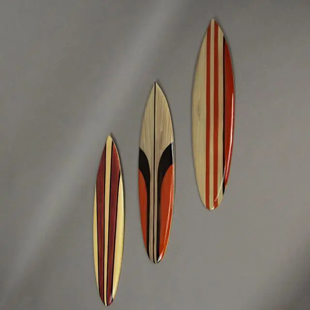 Alt view image 2 of 5 - Set of 3 Hand-Carved and Painted 16-Inch Wooden Surfboard Wall Hangings - Unique Beach Art Decorations for Your Home - Transform Your Space into a Coastal Paradise